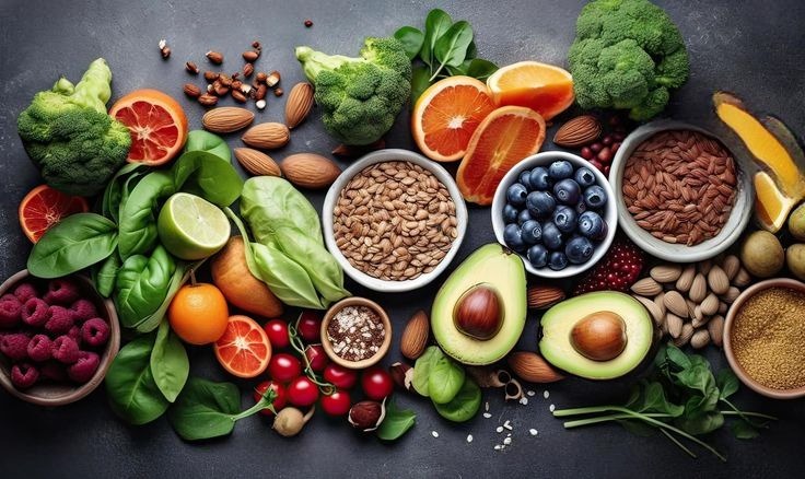 healthy food clean eating fruit, vegetable, seeds, superfood, cereals, leaf vegetable on black wood background with copy space, top view (1)